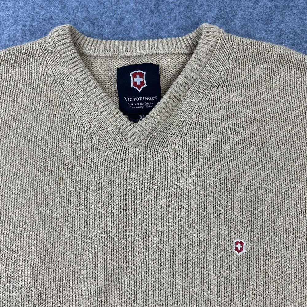 Victorinox Sweater Mens XL Beige Cotton V Neck Knit Long Sleeve Logo Swiss Army - Picture 2 of 7